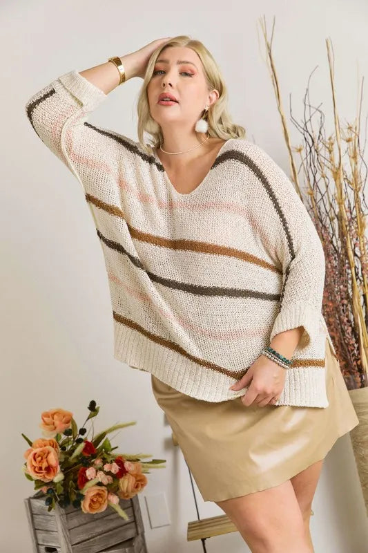 ADORA Full Size Multi Color Strip Sweater Plus Size