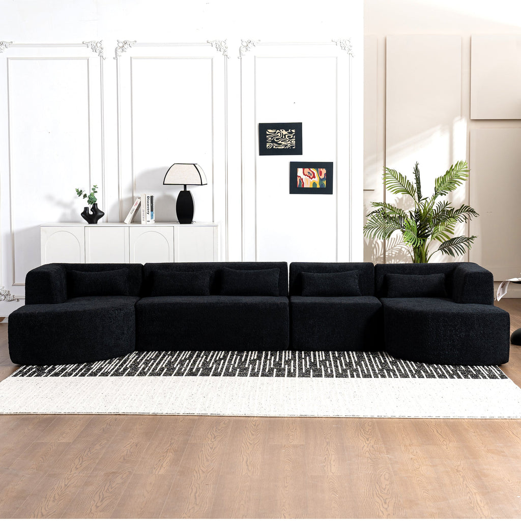 144' Upholstered Sofa Free-combined Sofa Couch with Two Chaise Lounge and Five Back Pillows for Living Room(Old SKU: N719S001600B), Black
