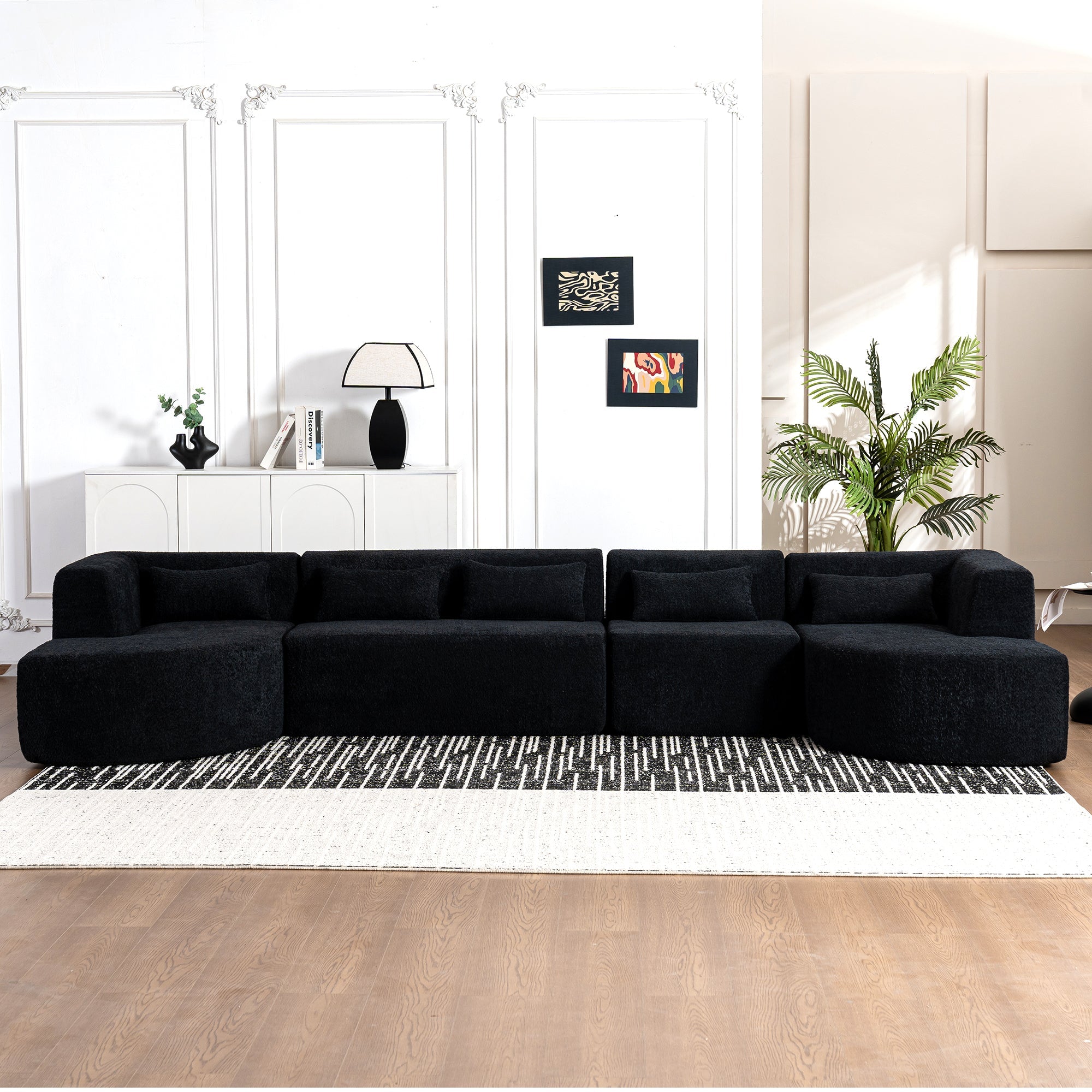 144' Upholstered Sofa Free-combined Sofa Couch with Two Chaise Lounge and Five Back Pillows for Living Room(Old SKU: N719S001600B), Black