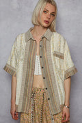 POL Printed Button Down Patchwork Short Sleeve Shirt