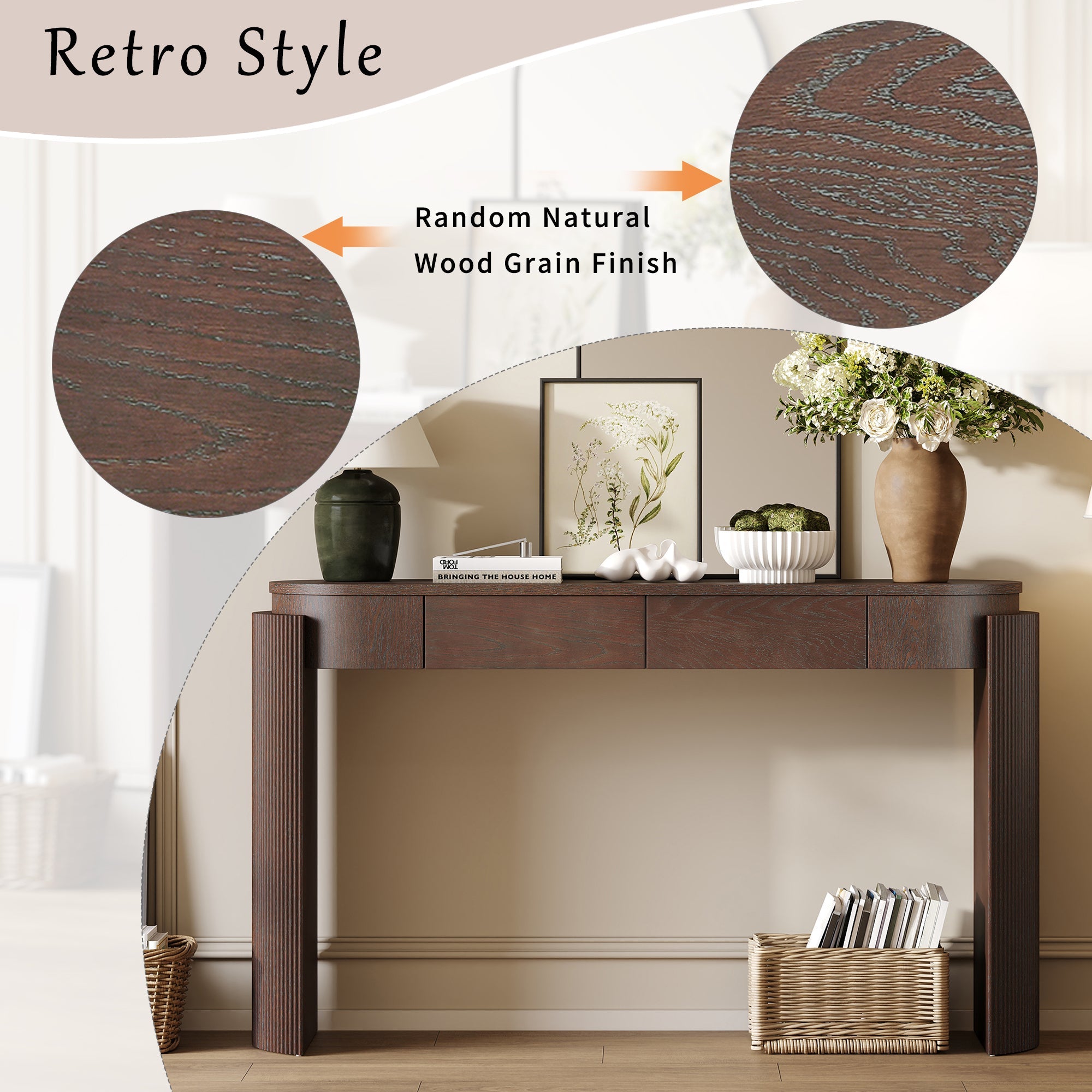 TREXM Entryway Table with Natural Wood Grain Finish, Console Table with Fluted Design, Oval Top and 2 Drawers for Entryway and Living Room (Espresso)