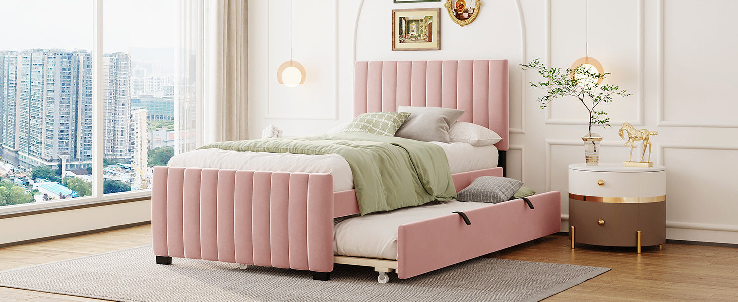 Twin Size Velvet Upholstered Platform Bed with Twin Size Trundle, Pink