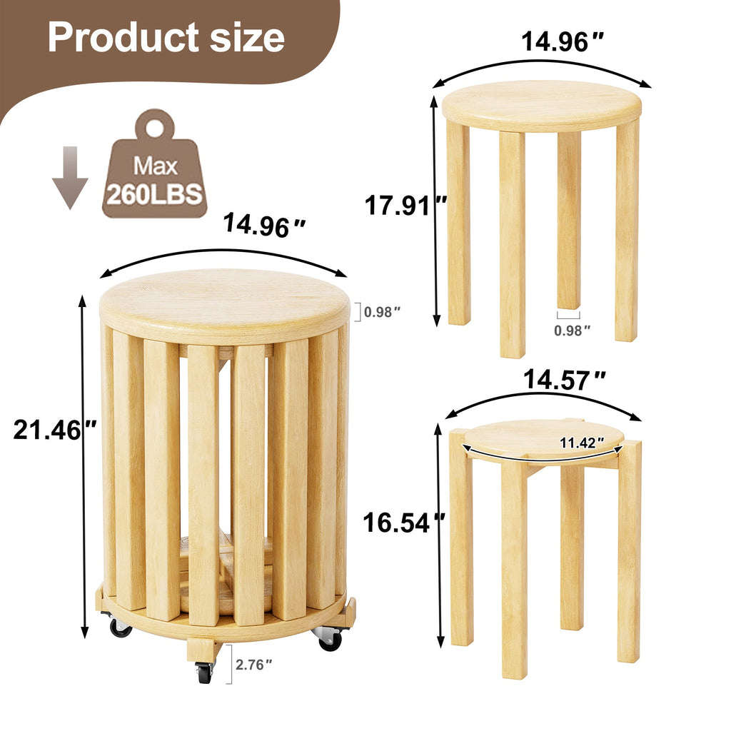 100% solid wood stackable stools set of 4, wooden stools, 18-inch stools, stacking stools, nesting tables, sturdy and durable, no installation required, top stackable round side table