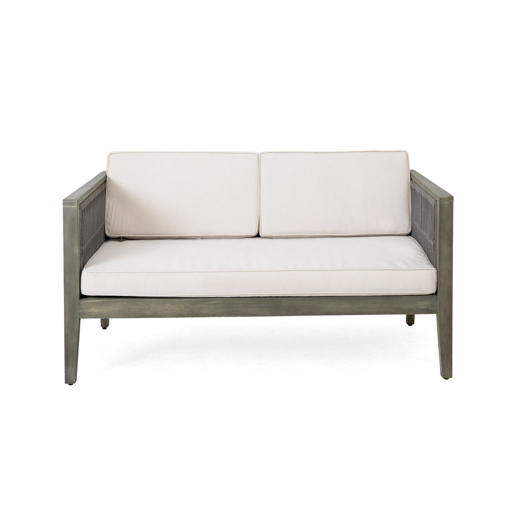 4-Pieces Acacia Wood Patio Furniture Set, Outdoor Furniture with Coffee Table, Patio Conversation Set Deep Seating with Soft Cushion, Porch Chairs for Garden, Backyard Porch Balcony, Grey & Beige