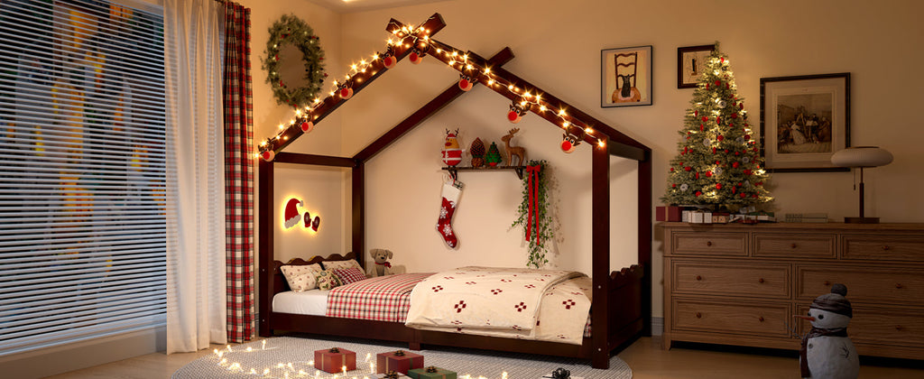 Twin House Floor Bed with Support Slats, Solid Wood House Bed Frame for Kids, No Box Spring Needed and Opening Constructure, Espresso