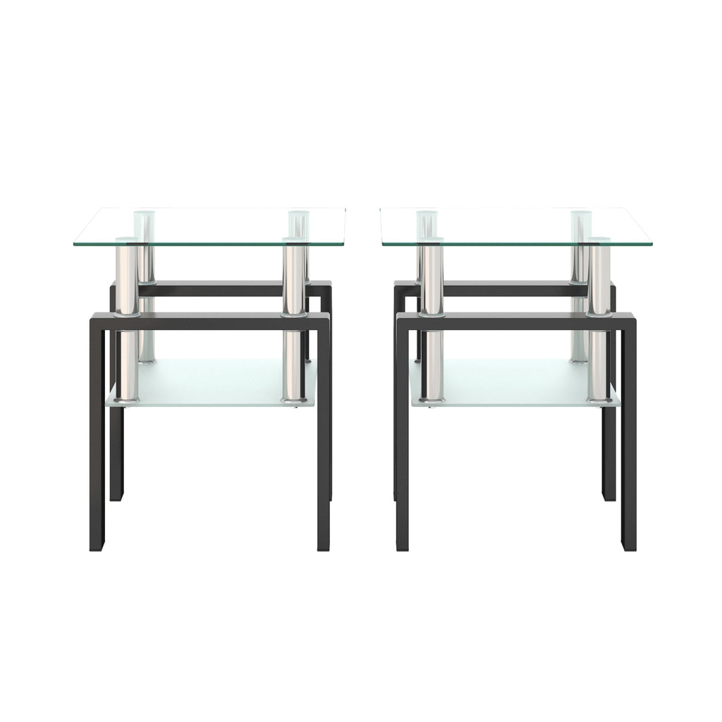 Set of 2, Modern Tempered Glass Tea Table Coffee Table End Table, Square Table for Living Room, Transparent/Black