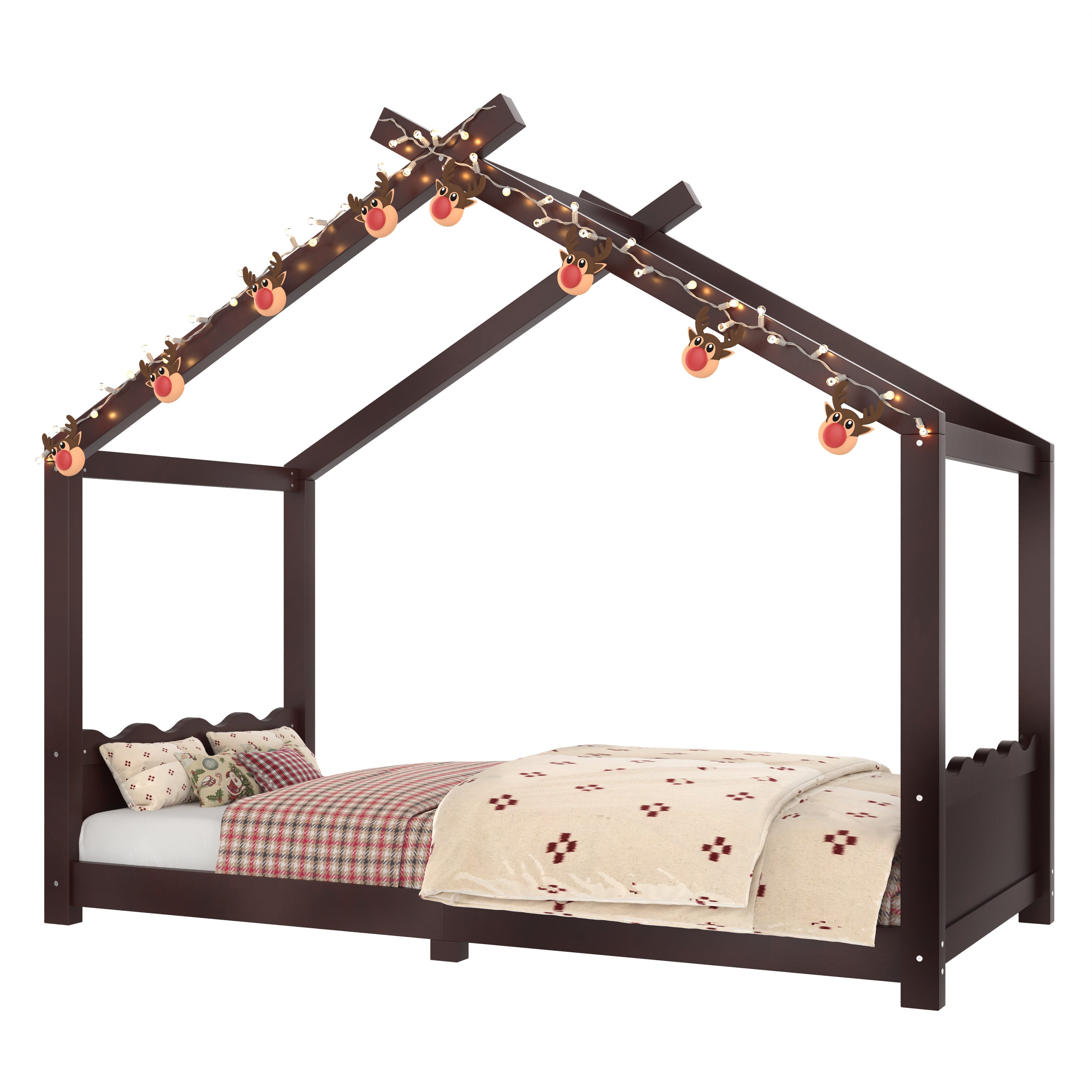 Twin House Floor Bed with Support Slats, Solid Wood House Bed Frame for Kids, No Box Spring Needed and Opening Constructure, Espresso