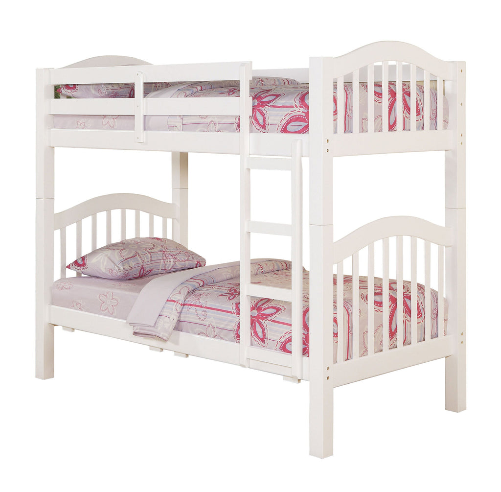 White Twin Over Twin Bunk Bed with Built-in Ladder