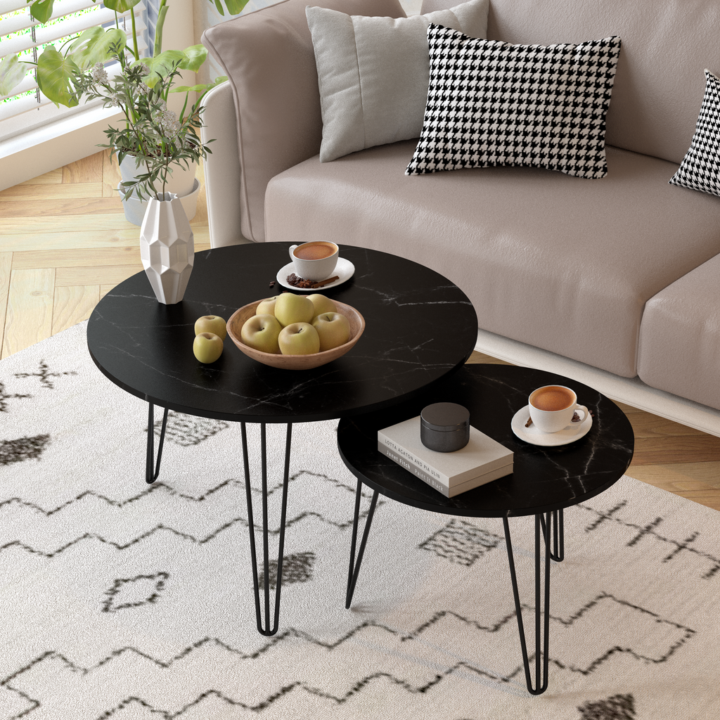 27.56'' Round Nesting Coffee Table Set of 2, Circular Nesting End Table Set, Round Marble Tabletop, and Sturdy Metal Base for Living Room, bedroom, Black