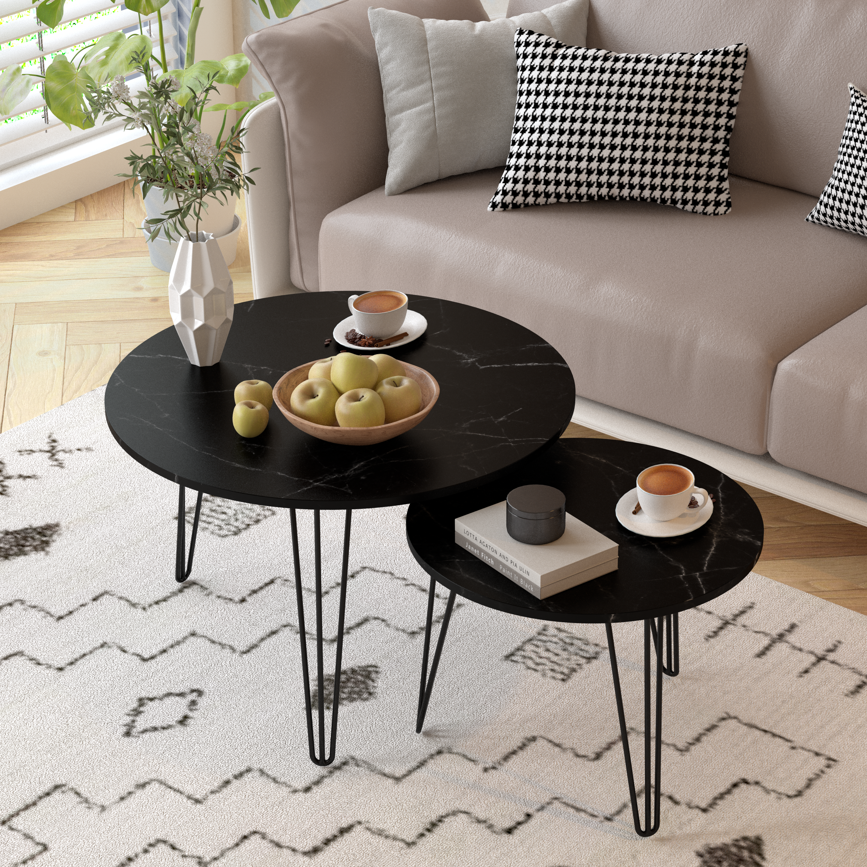27.56'' Round Nesting Coffee Table Set of 2, Circular Nesting End Table Set, Round Marble Tabletop, and Sturdy Metal Base for Living Room, bedroom, Black