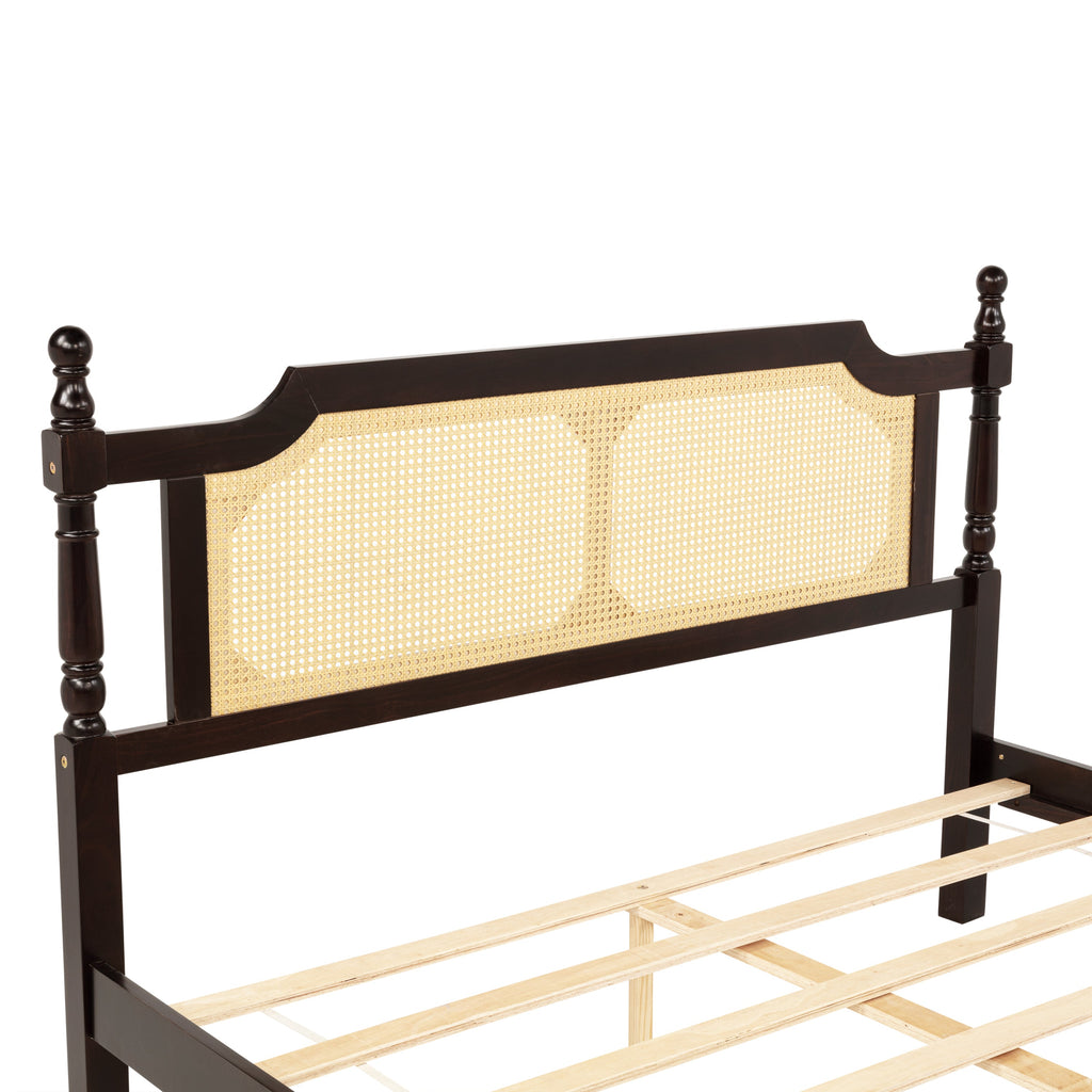 Queen Pine wooden Bed with Rattan Headboard  and Footboard, with  Central Enhanced Bed Platform ,Espresso