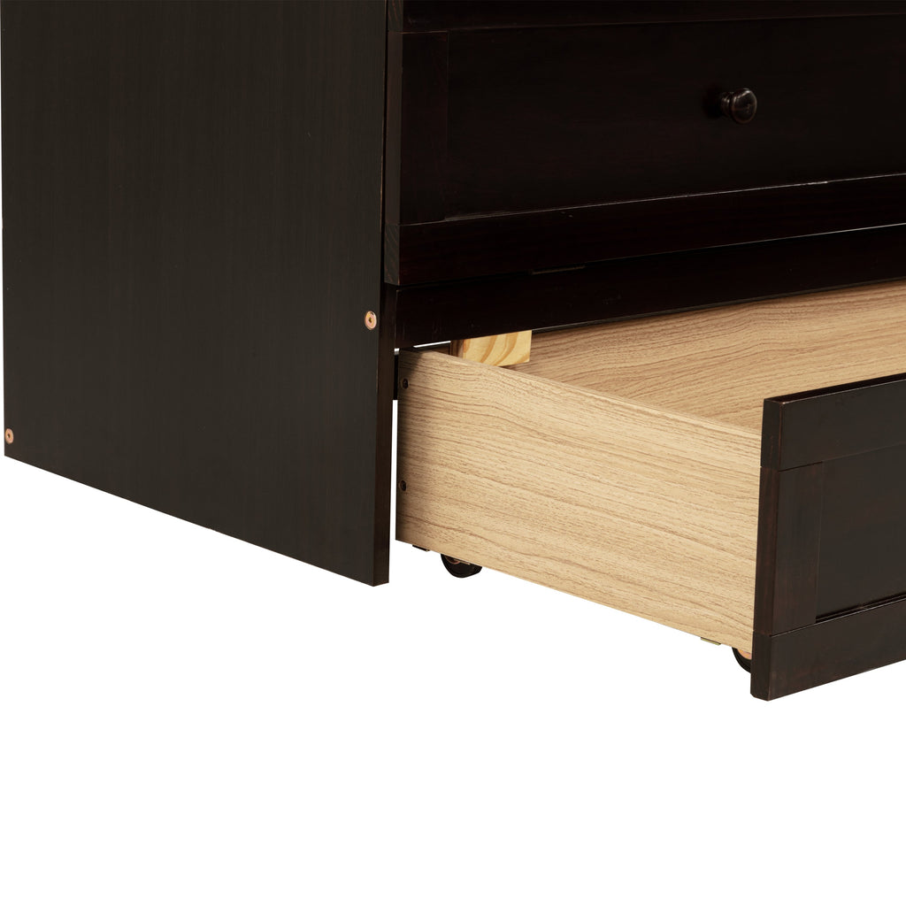 Queen Size Murphy Bed, Pine Wood Cabinet Bed with Rattan Decoration and Storage Drawer,Espresso