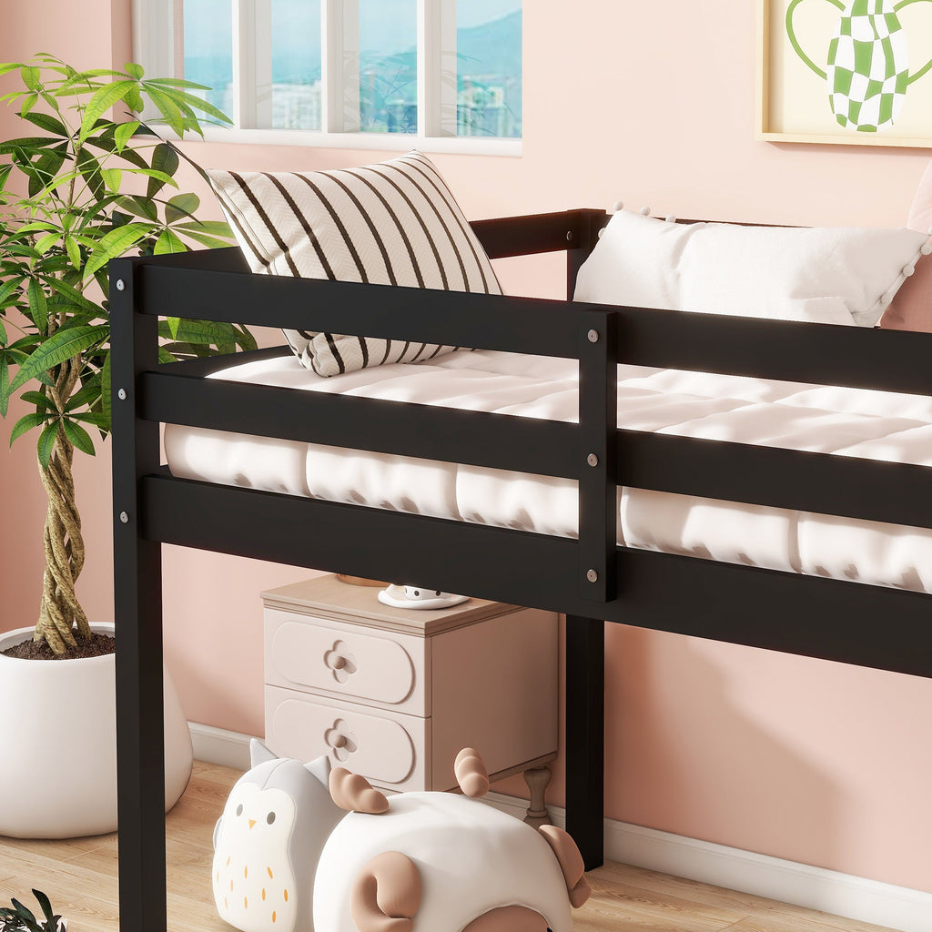 Solid Wooden, Rubber Wooden Twin Loft Bed with Ladder, Bed Platform of Strengthened Slats , Black