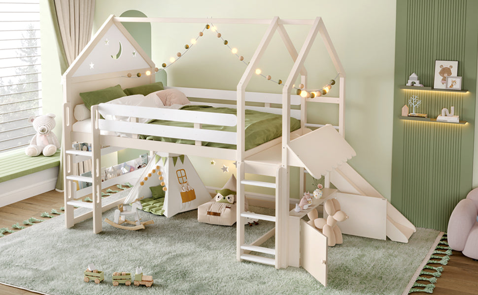 Full Size Loft Bed with Bookshelf Playful Design for Kids House-Shaped Structure with Slide High-Quality Safety Rails,Beige