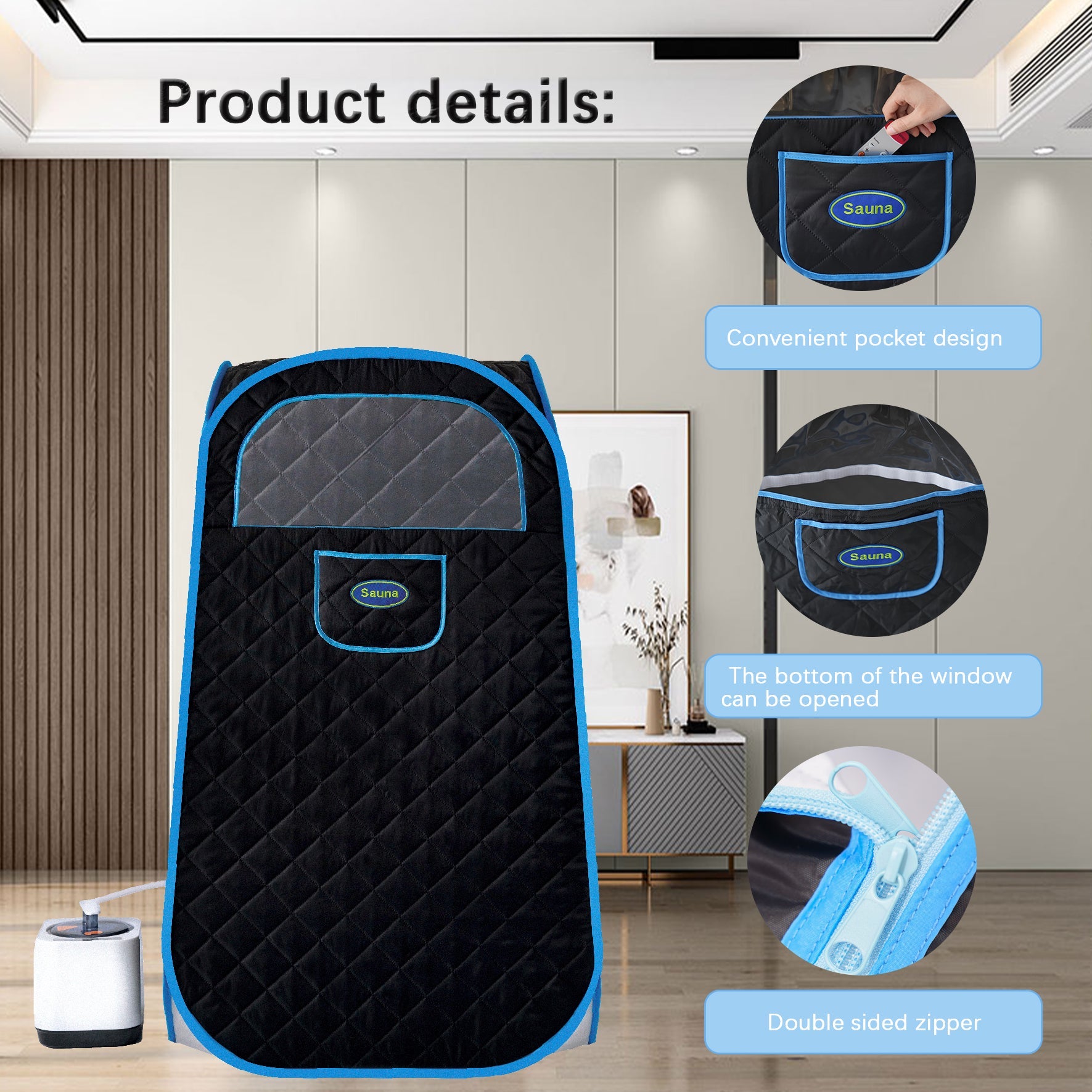 Portable Folding Full size Steam Sauna with 1000W&2.2L steam Generator. Personal Sauna Tent for Relaxation & Spa at home. Fast heating. Folding Steel Rim, it's easy to install, with FCC certification.