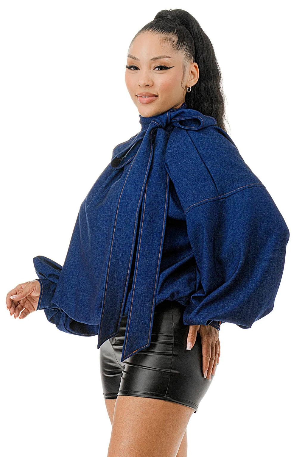 Mock Neck with Tie Puff Long Sleeve Bubble Hem Denim Blouse Top {fits oversized}