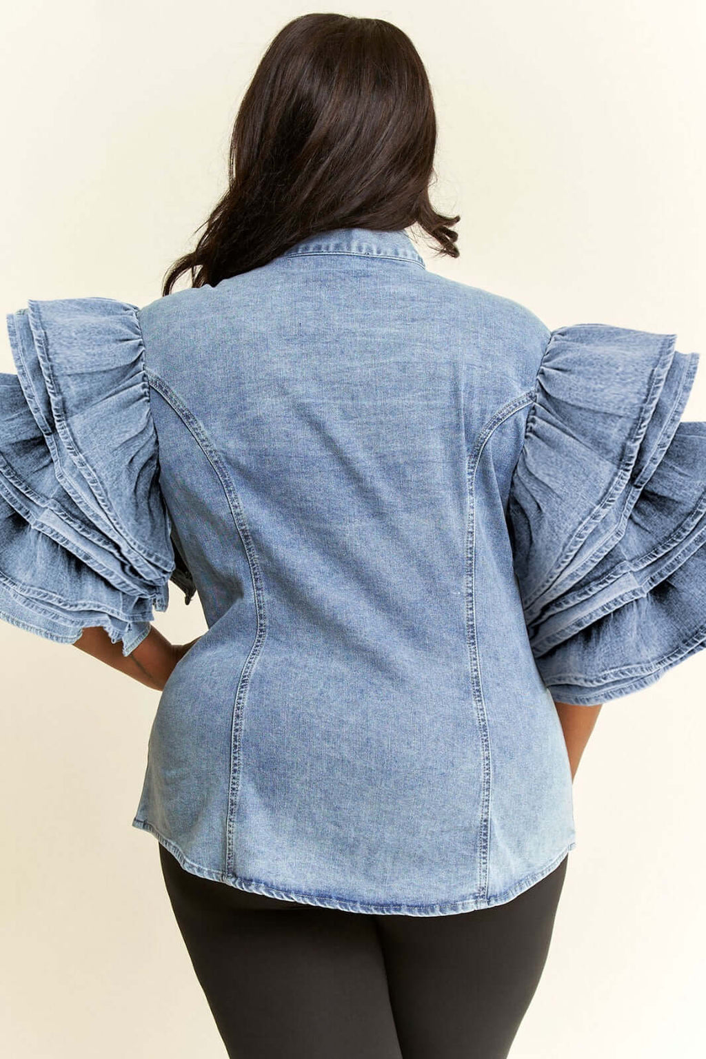 Denim Bow Blouse with Ruffle Sleeves {GREAT STRETCH}