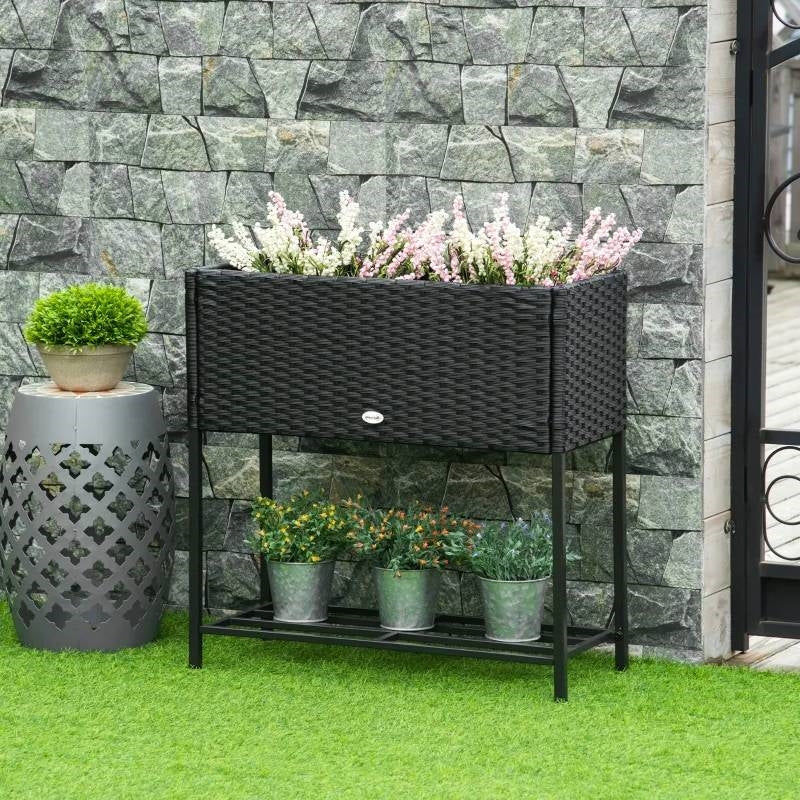 Black Modern PE Rattan Wicker Raised Garden Bed Elevated Planter Box