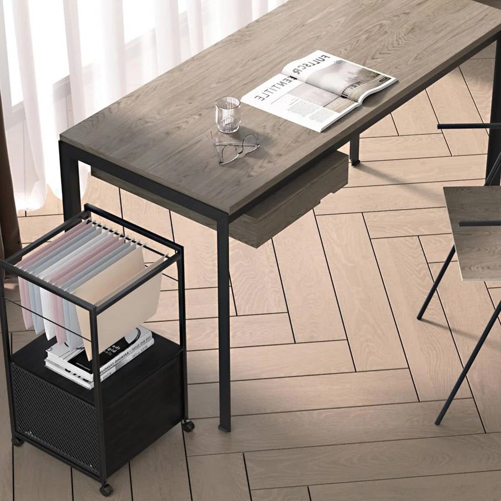 Black Metal Wood Rolling File Cabinet with Open File Hanging Bar