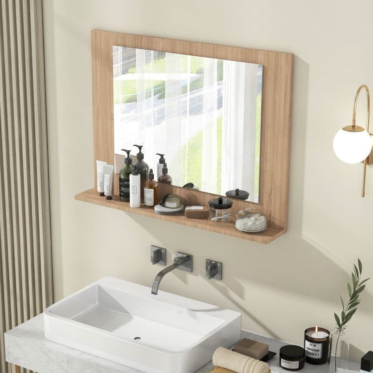 Rectangular 23 x 17 inch Bathroom Wall Mirror with Shelf in Brown Wood Finish
