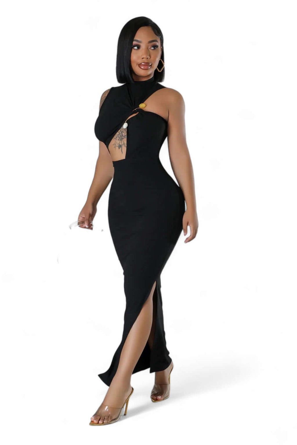 Ribbed Cut Out Slit Midi Dress