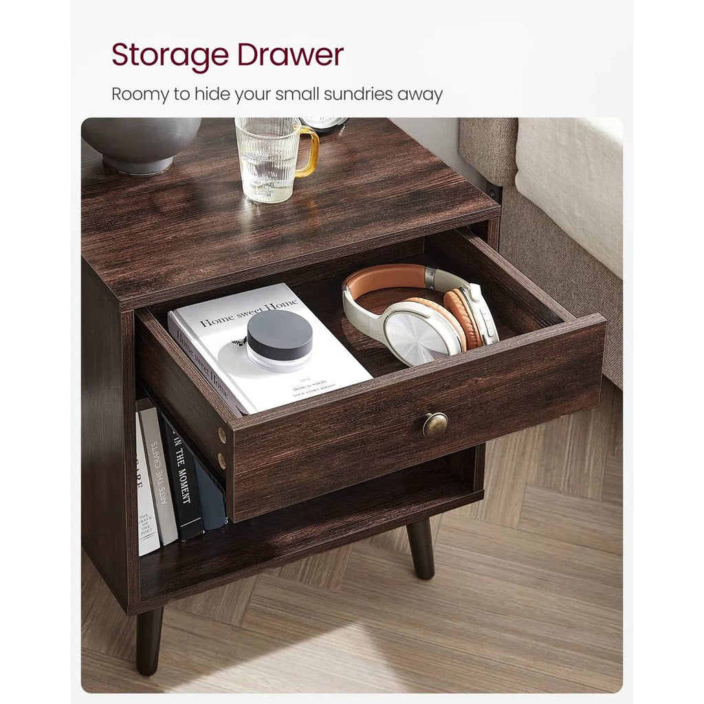 Mid-Century Modern 1-Drawer Nightstand End Table in Dark Brown Wood Finish