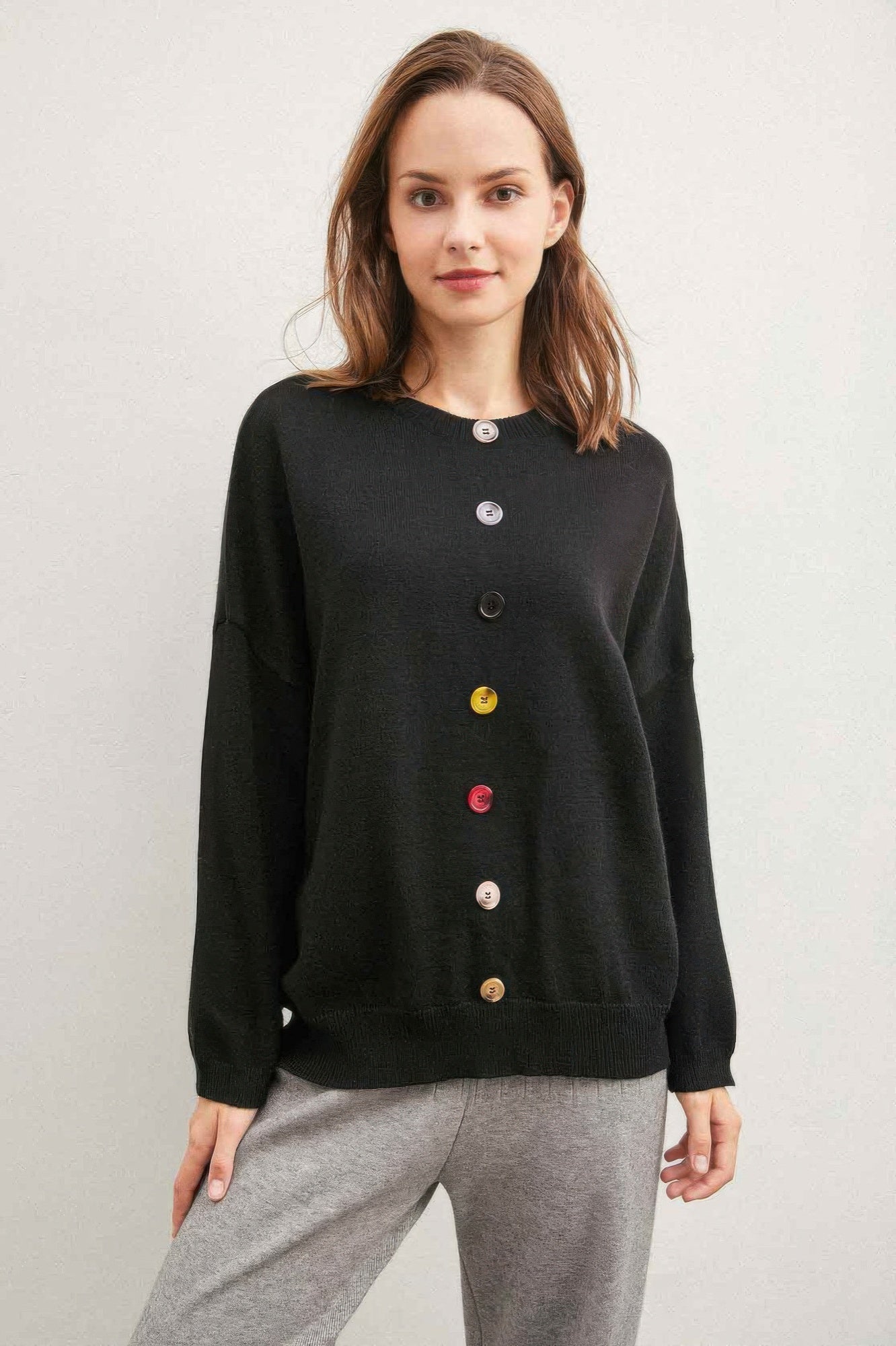 Solid Sweater With Colorful Buttons