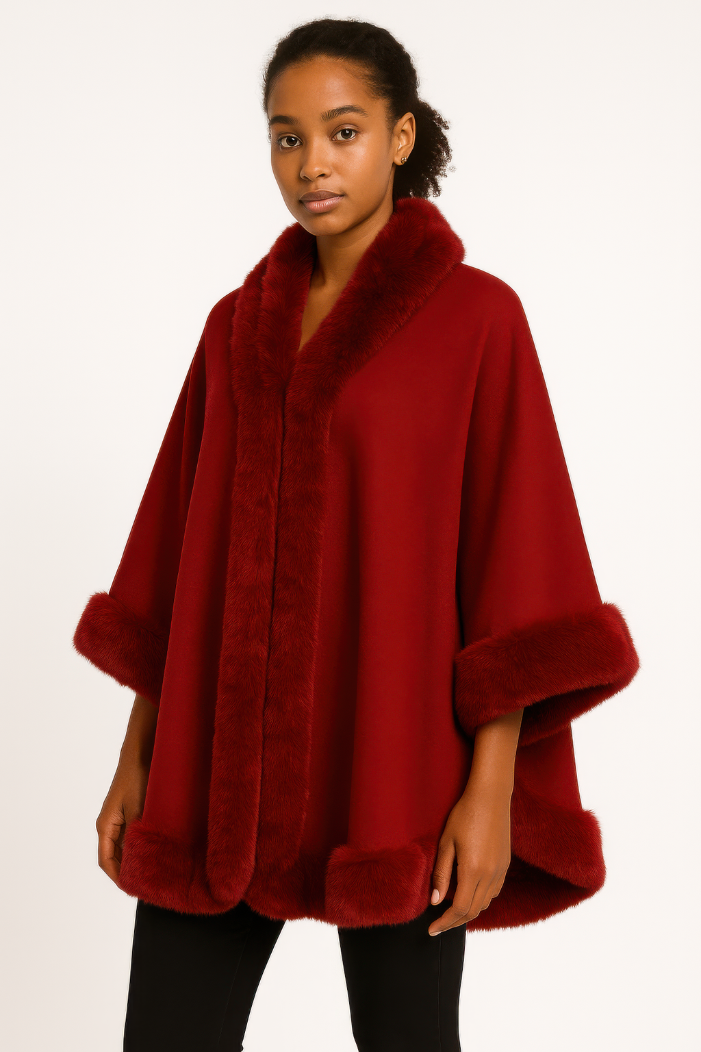Faux Fur Trim Open-front Cape Jacket