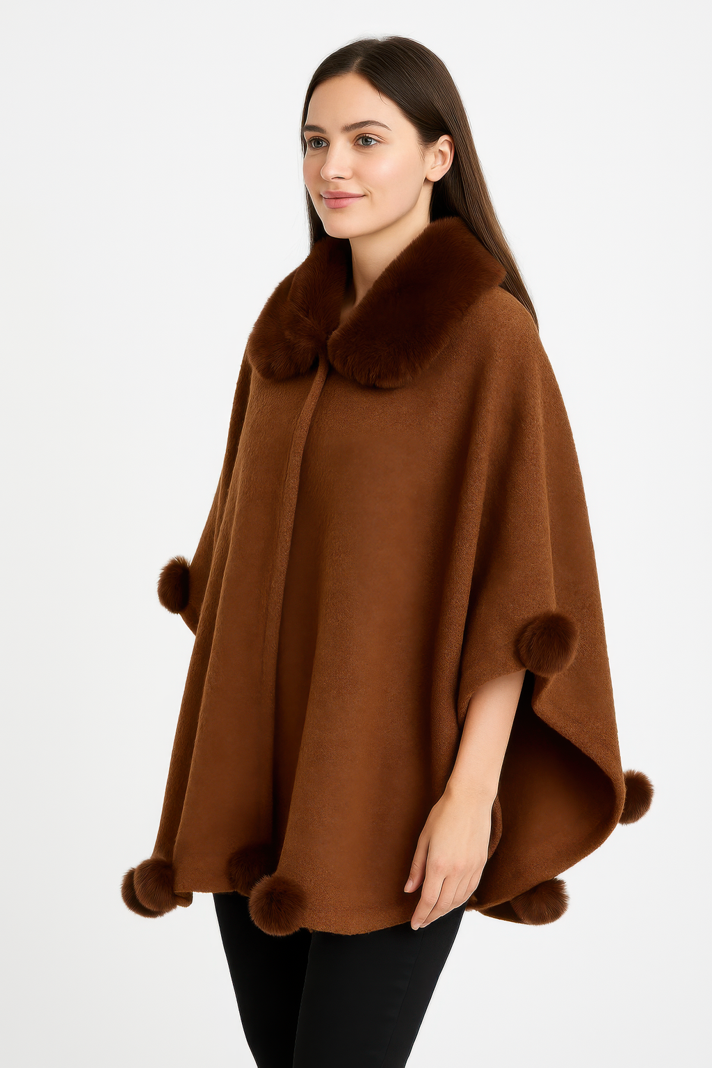 Trim Cape With Faux Fur Collar