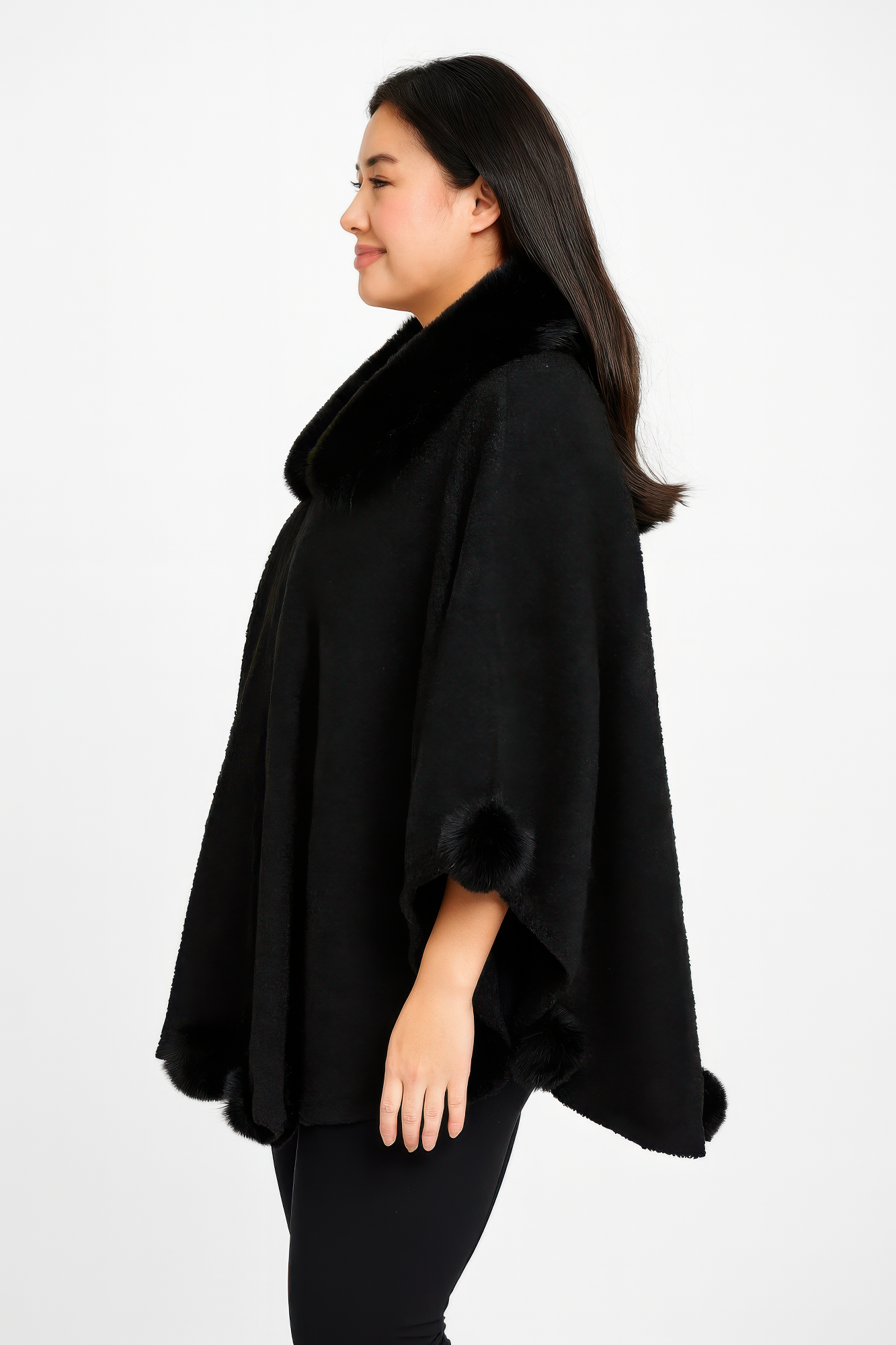 Trim Cape With Faux Fur Collar