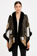 Abstract Print Faux Fur Trim Cape In Black & Camel
