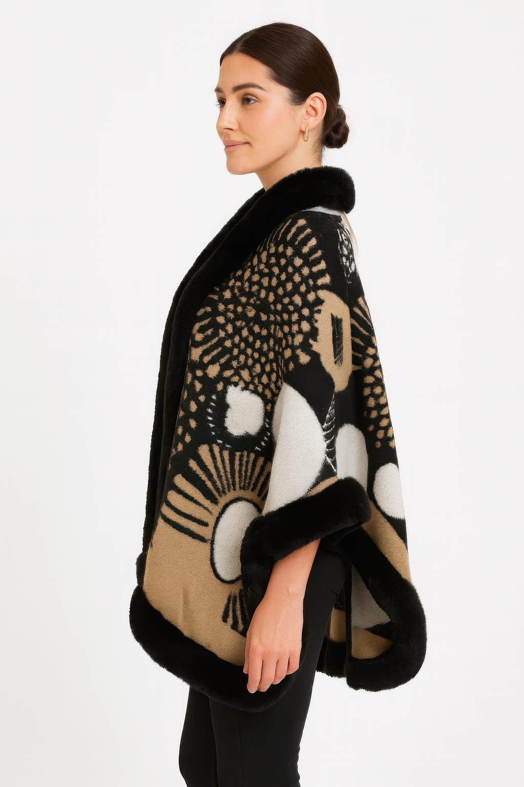 Abstract Print Faux Fur Trim Cape In Black & Camel