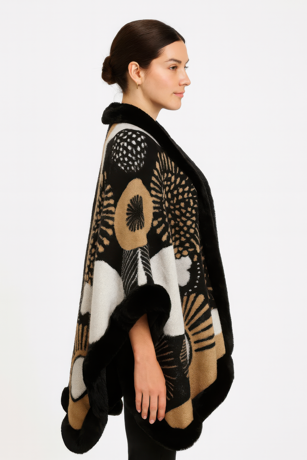 Abstract Print Faux Fur Trim Cape In Black & Camel