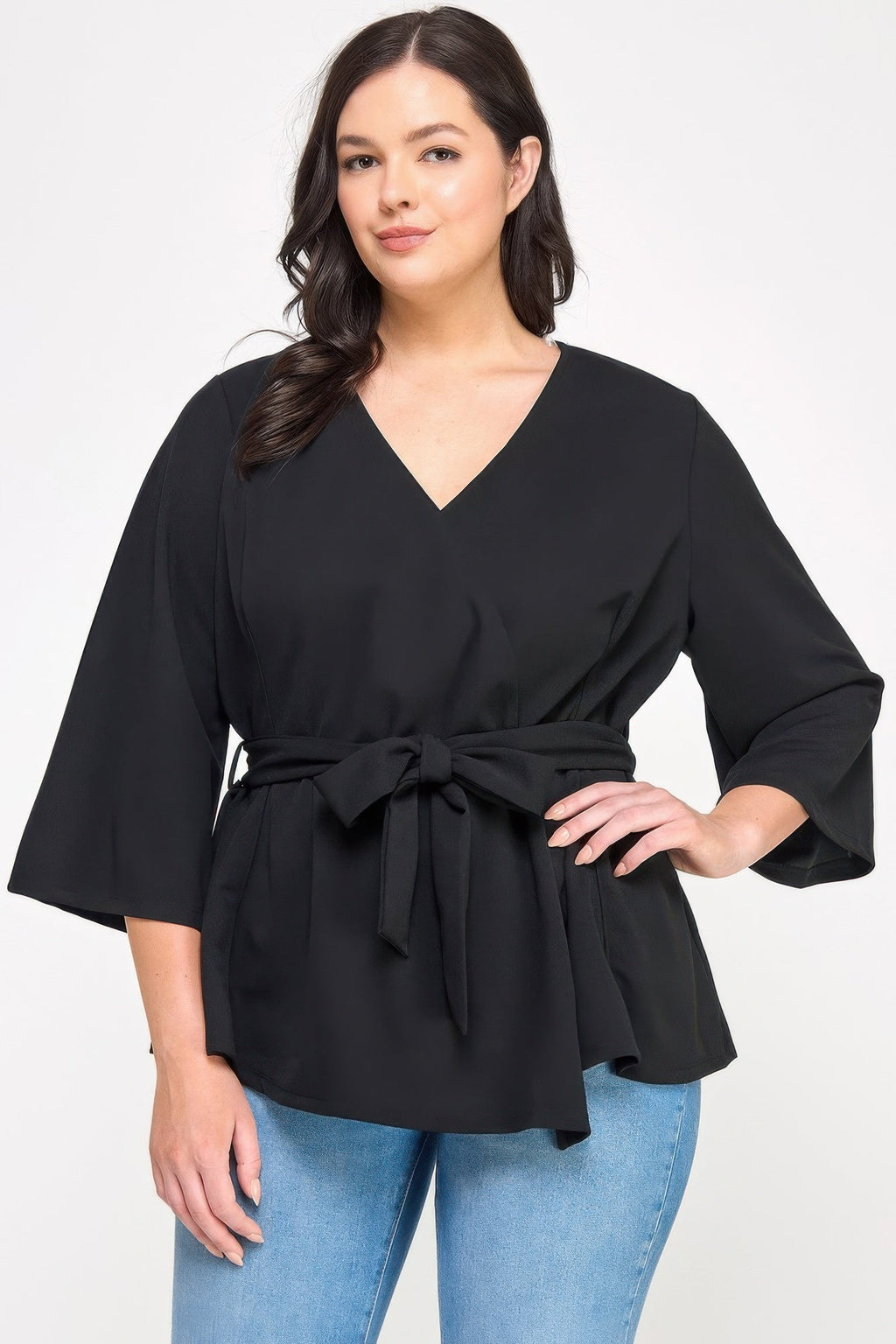 Plus Size Black Wrap Tie-waist Jacket