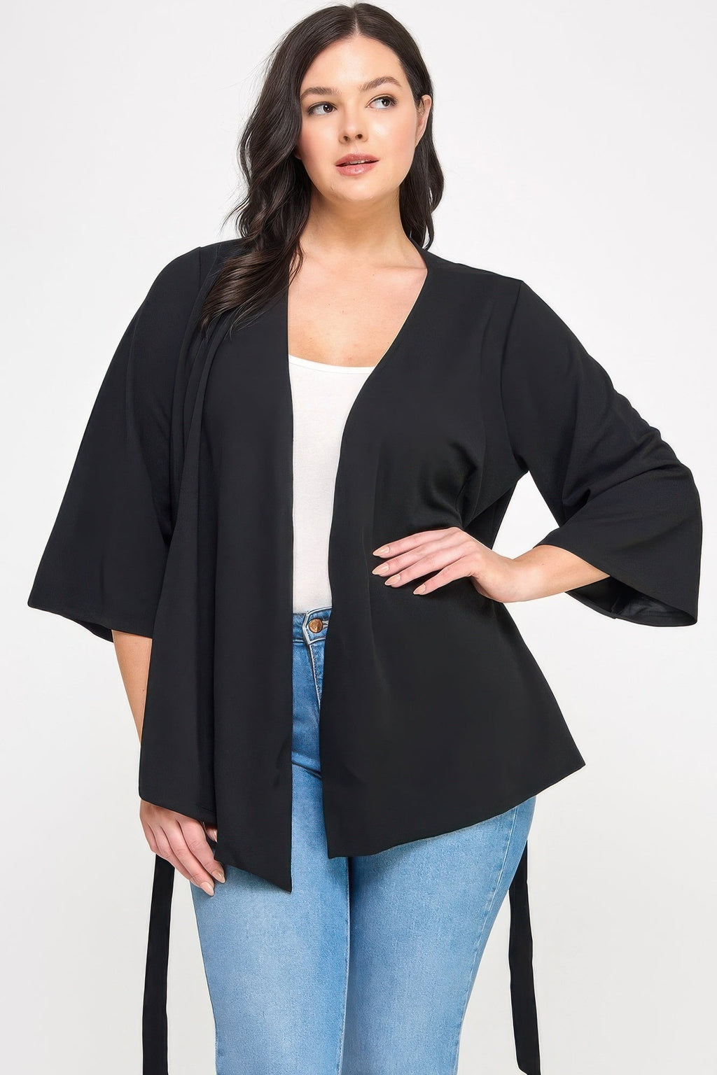 Plus Size Black Wrap Tie-waist Jacket