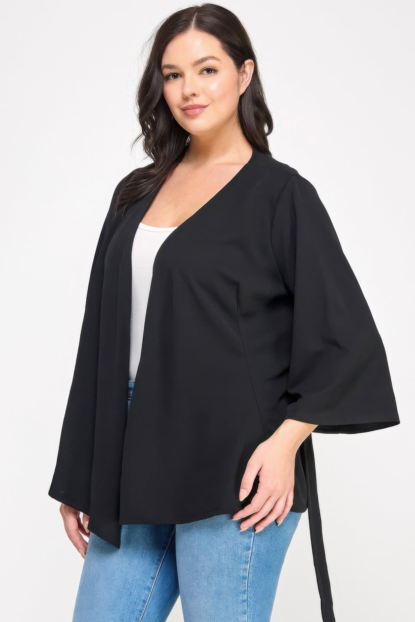 Plus Size Black Wrap Tie-waist Jacket