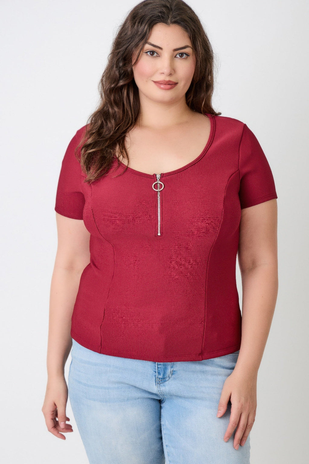 Plus Size Zip Front Fitted Stretch Top