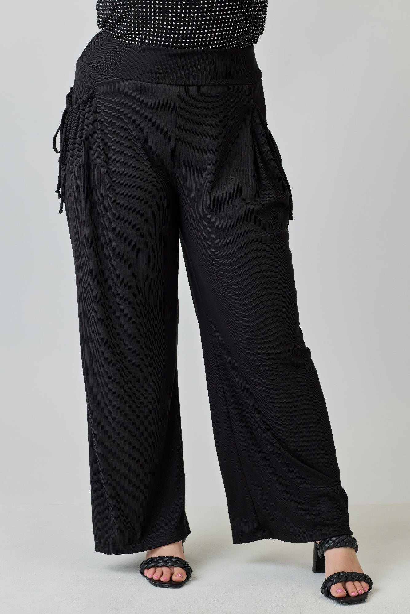 Plus Size Wide-leg Pants W Side Drawstring Detail