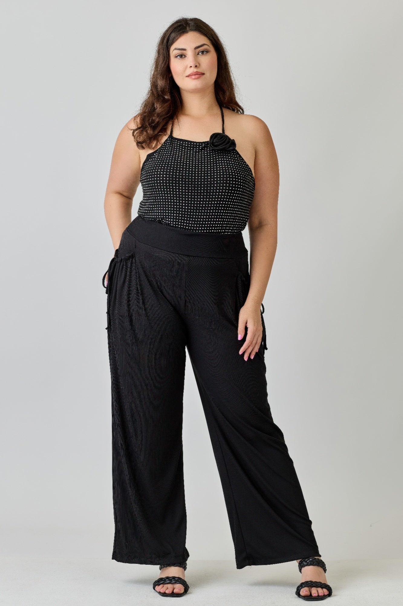 Plus Size Wide-leg Pants W Side Drawstring Detail