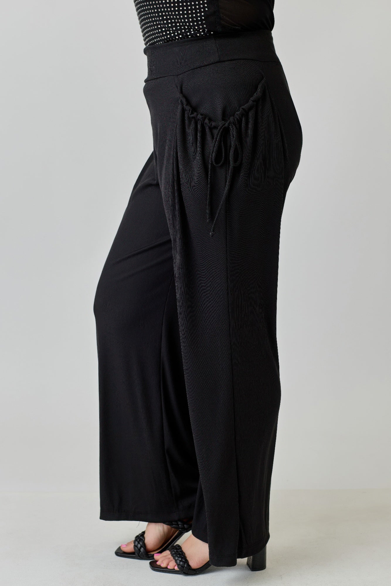 Plus Size Wide-leg Pants W Side Drawstring Detail