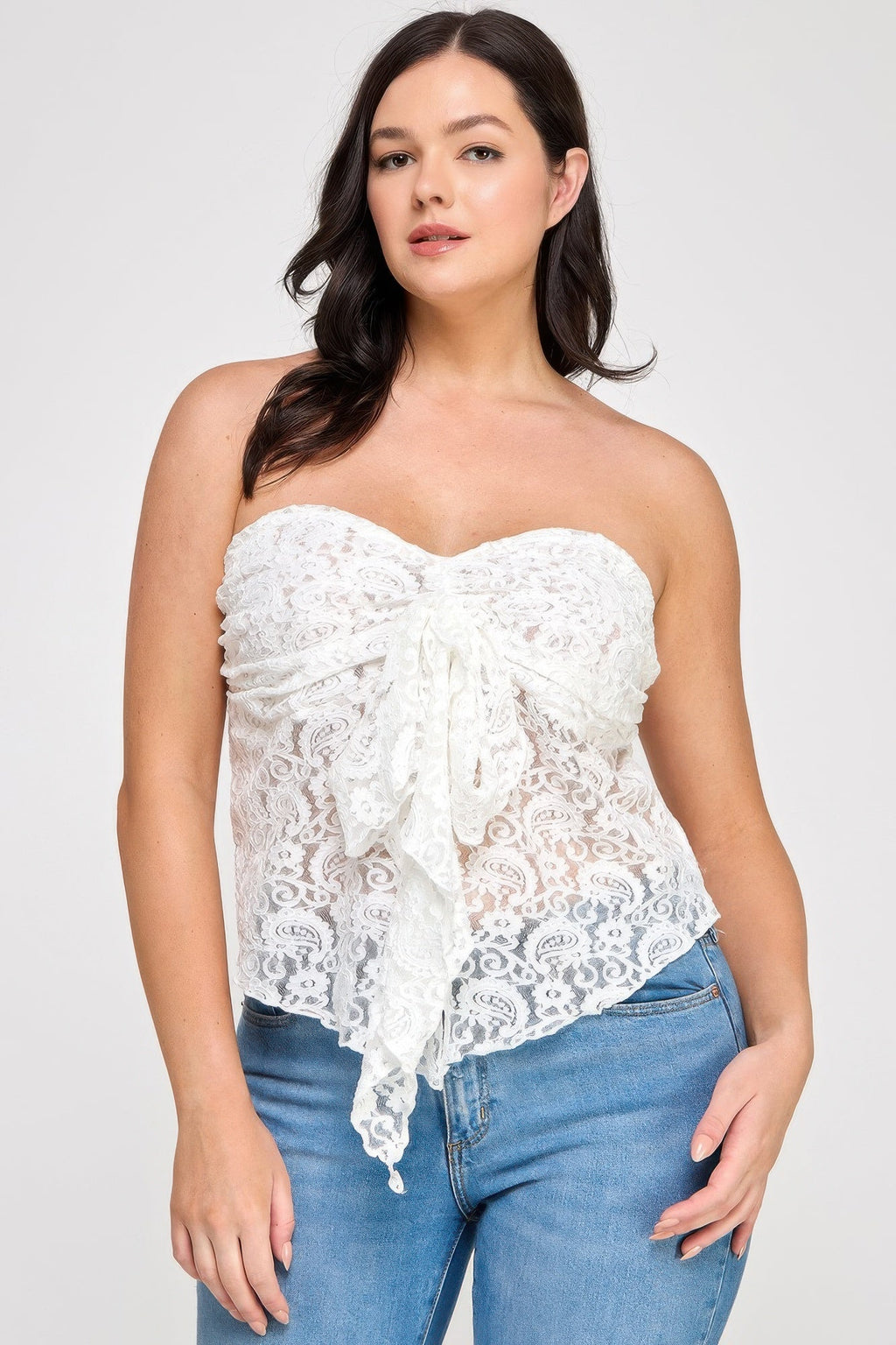 Plus Size Strapless Stretch Lace Bow Front Top
