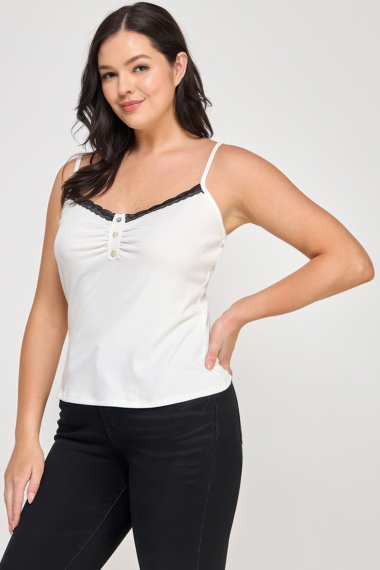 Plus Size Ribbed Knit Camisole With Lace Trim