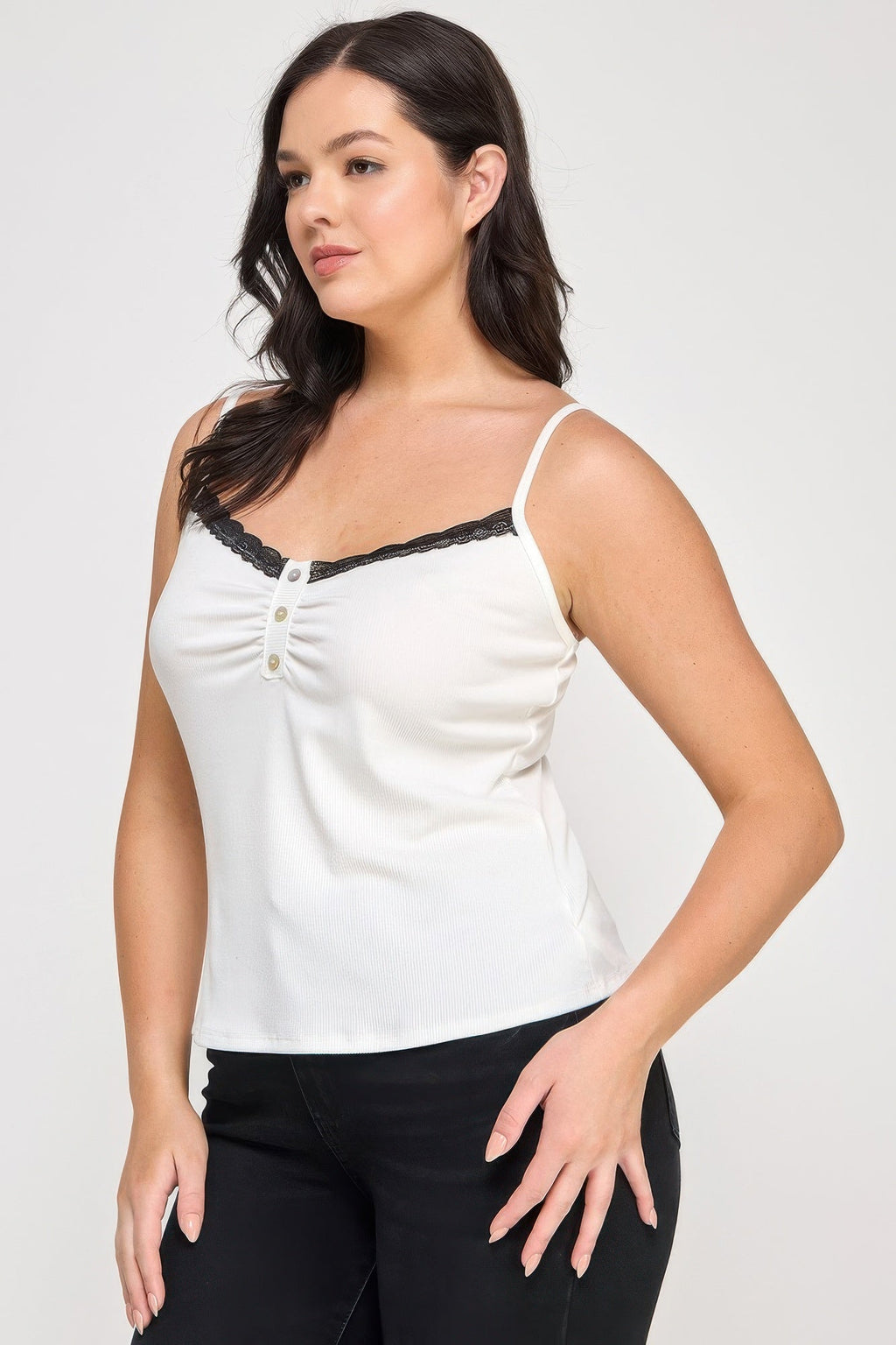 Plus Size Ribbed Knit Camisole With Lace Trim