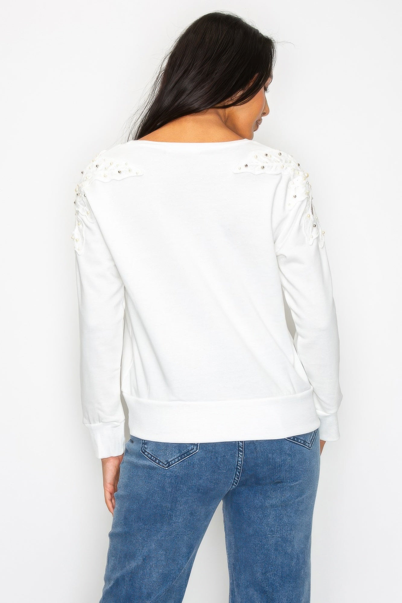 Solid Pear Bead Flower Patch Cut Out Sweatshirt
