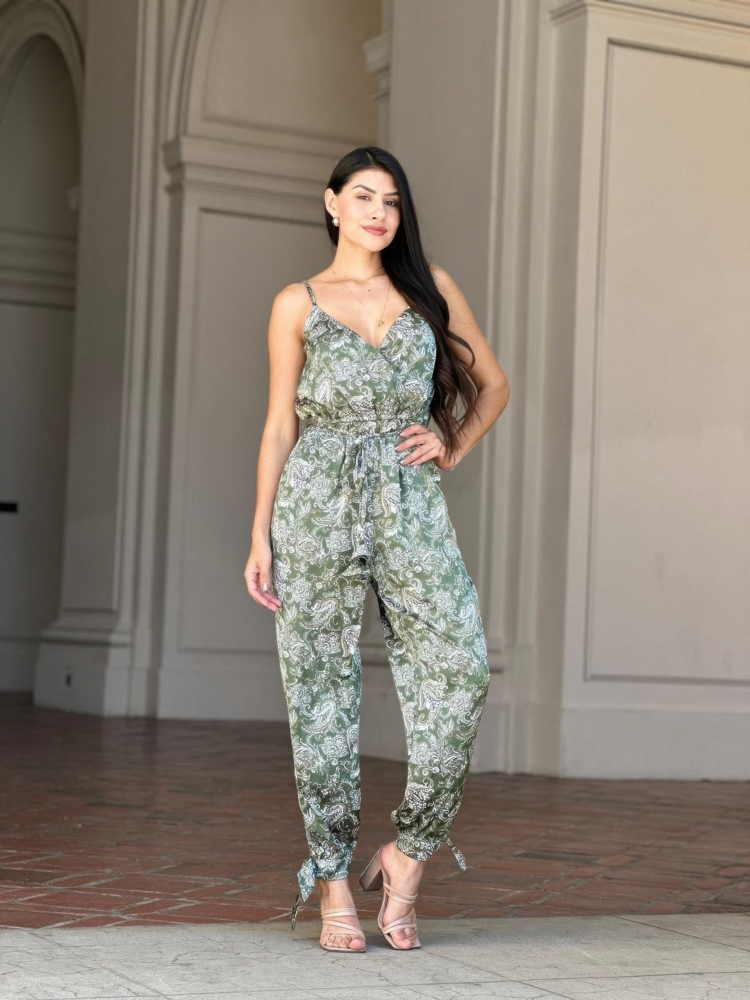 V Neck Sleeveless Paisley Jumpsuit With Tie Waist