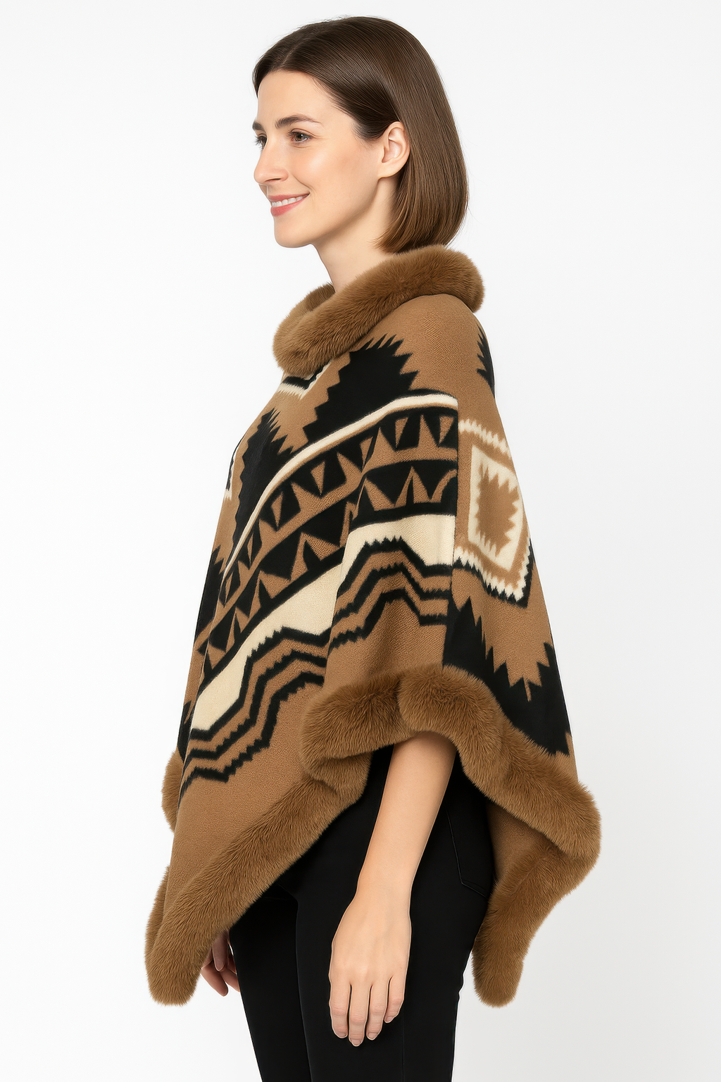 Tribal Luxe Faux Fur Trim Poncho