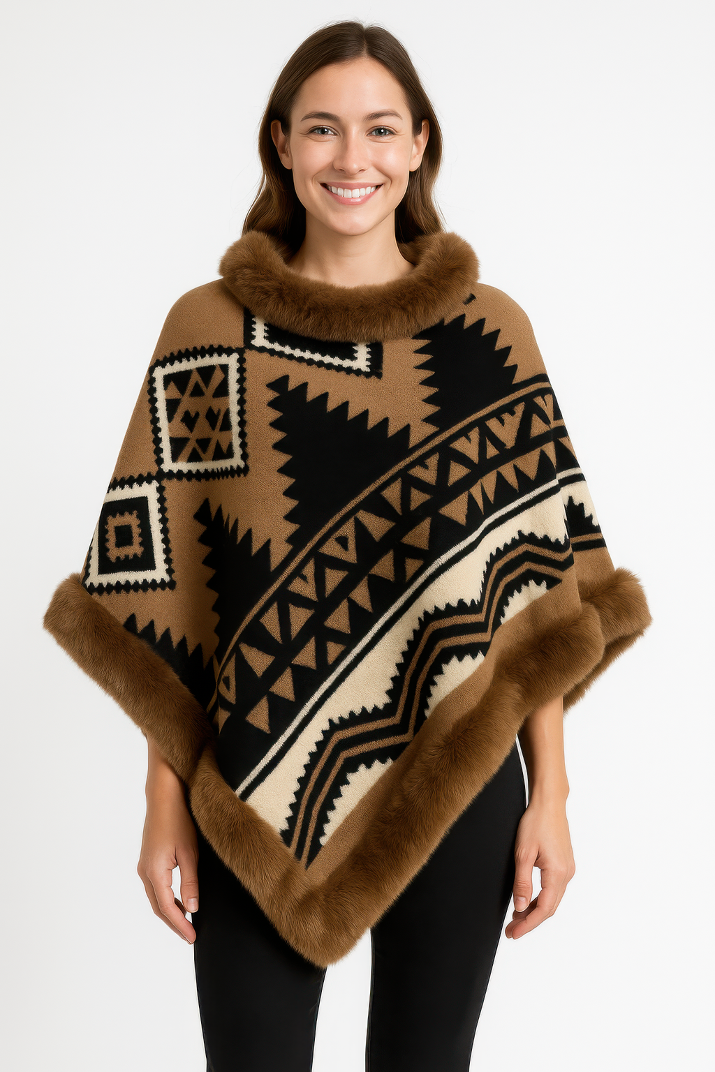 Tribal Luxe Faux Fur Trim Poncho