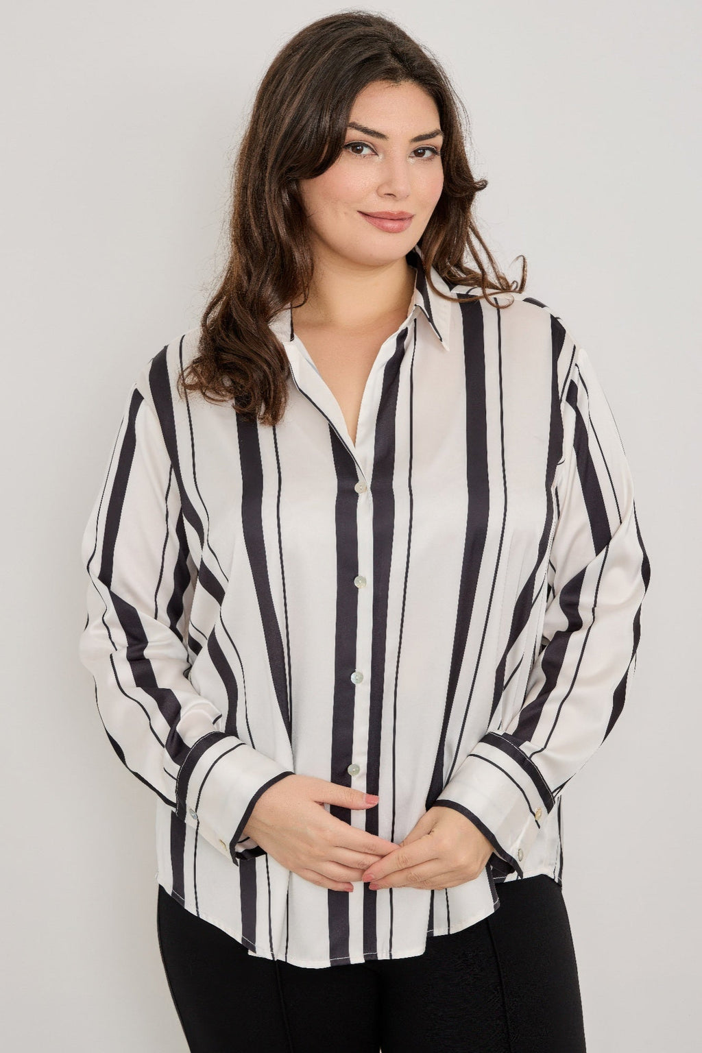 Plus Size Vertical Stripe Button Down Blouse