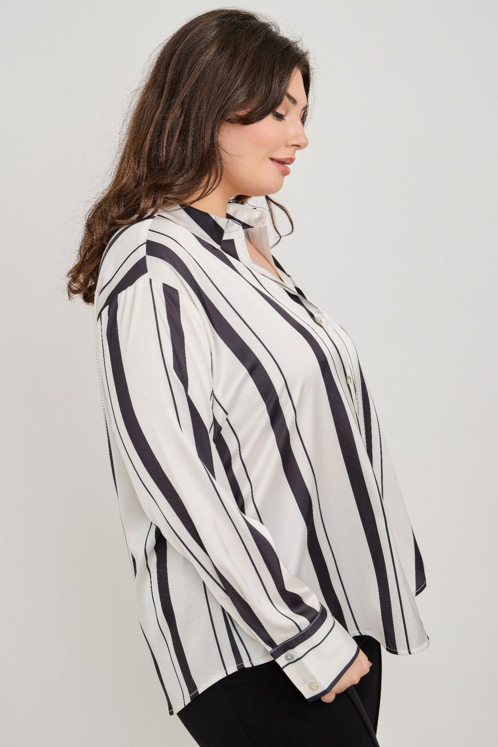 Plus Size Vertical Stripe Button Down Blouse
