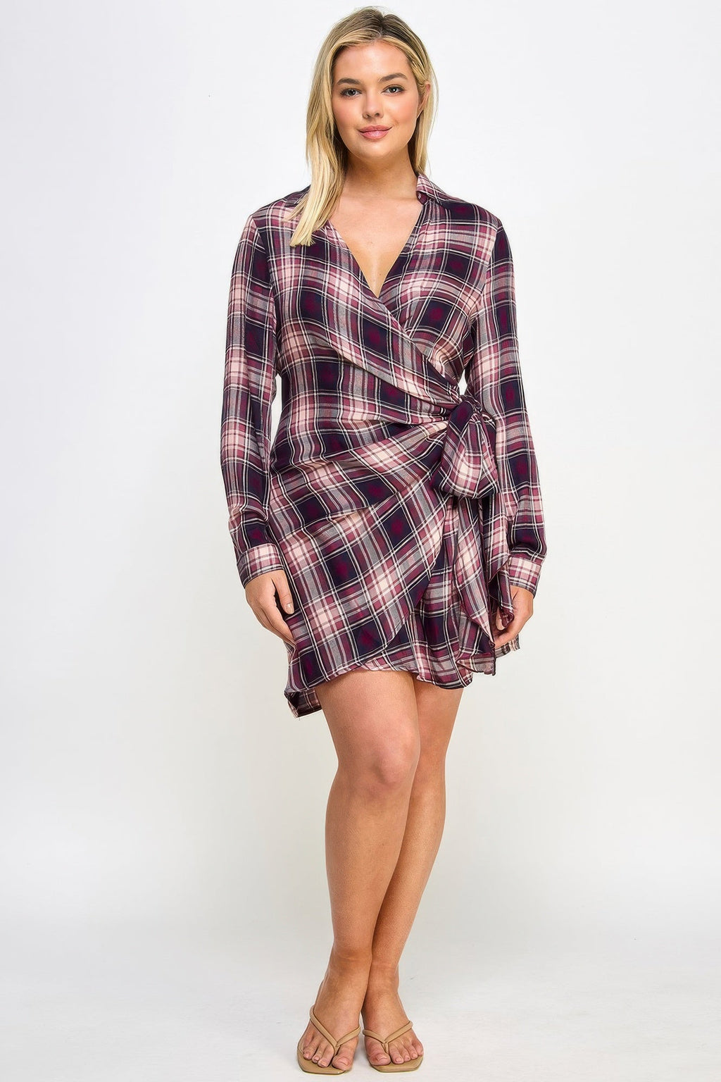 Plus Size Long Sleeve Plaid Side Tie Dress